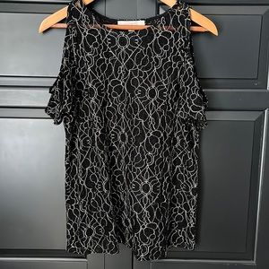 LOFT cutout top. Lacey black with white embroidered detail. Worn once!